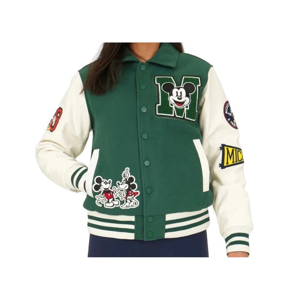 Disney Mickey & Friends Varsity Jacket Green Cream Letterman Patch Bomber Coat